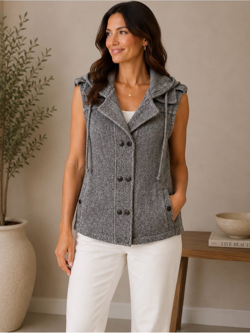 Coldwater Creek 100% cotton Knit Hooded Button-Front Vest size small